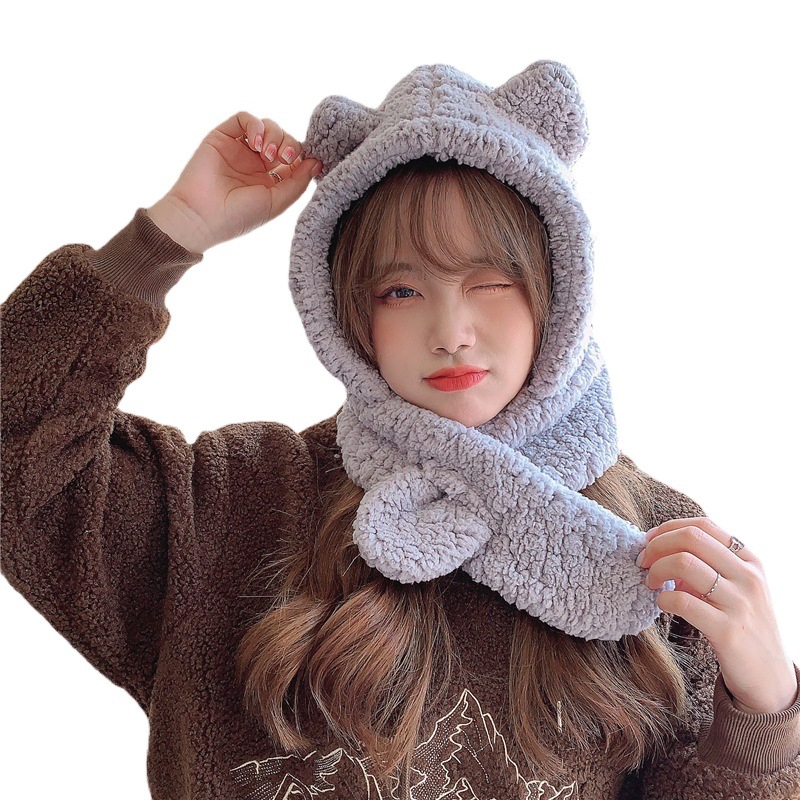 Autumn and Winter Bear Plush Hat Scarf All-in-one Hat Korean Trendy Women's Outdoor Riding Warm Hat Cute Cold-proof Cotton Hat