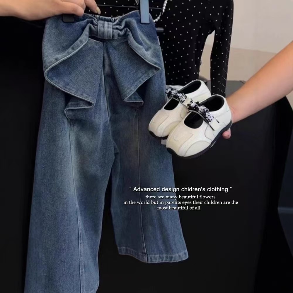 Girls' Loose Pants with Multiple Pockets, Elastic Waist, Wide-Leg Jeans, 2025 Summer New Style, Bowknot Denim Long Pants