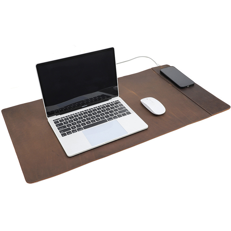 Picture of Retro Brown Cowhide Mouse Pad Oversized Dirt-Resistant Waterproof Belt 15W Wireless Leather Computer Office Mat