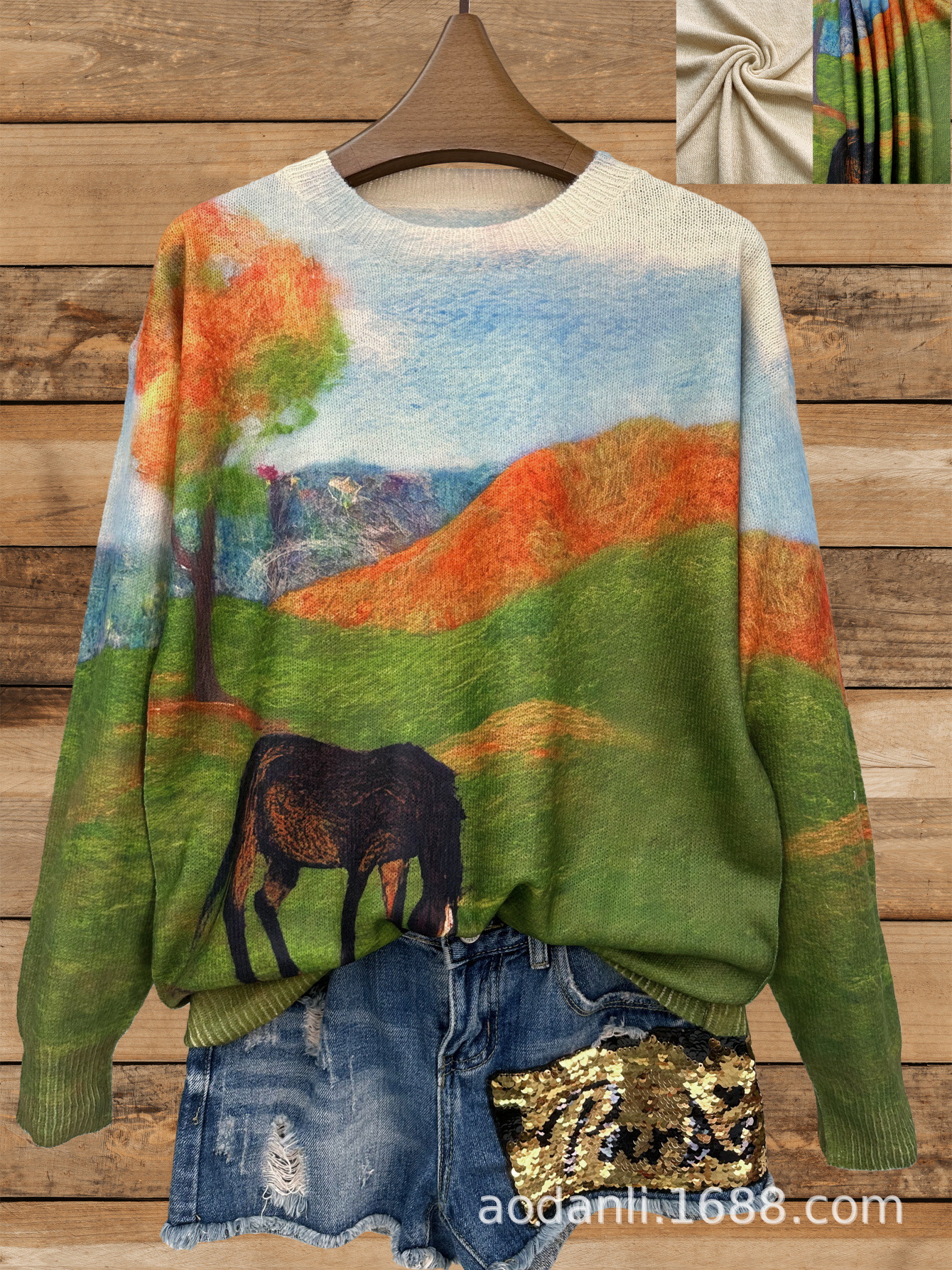Autumn Full-Print Thin Full-Body Print Non-Crocheted Pattern Round Neck Long-Sleeved Knitted Loose Casual Fashion Top