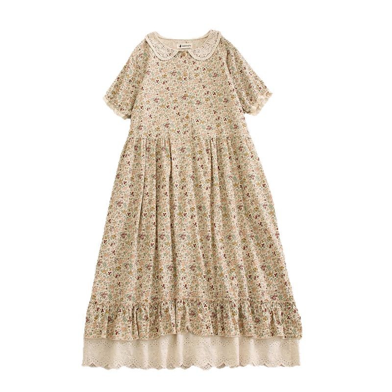 Picture of Japanese Mori Girl Artistic Floral Doll Collar Short-Sleeve Dress Loose Versatile Half-Open Plaid Lace Hem Long Dress