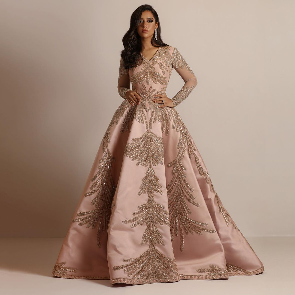 2025 spring new European and American new women's independent station bronzing big sleeve dress banquet sexy evening dress pink