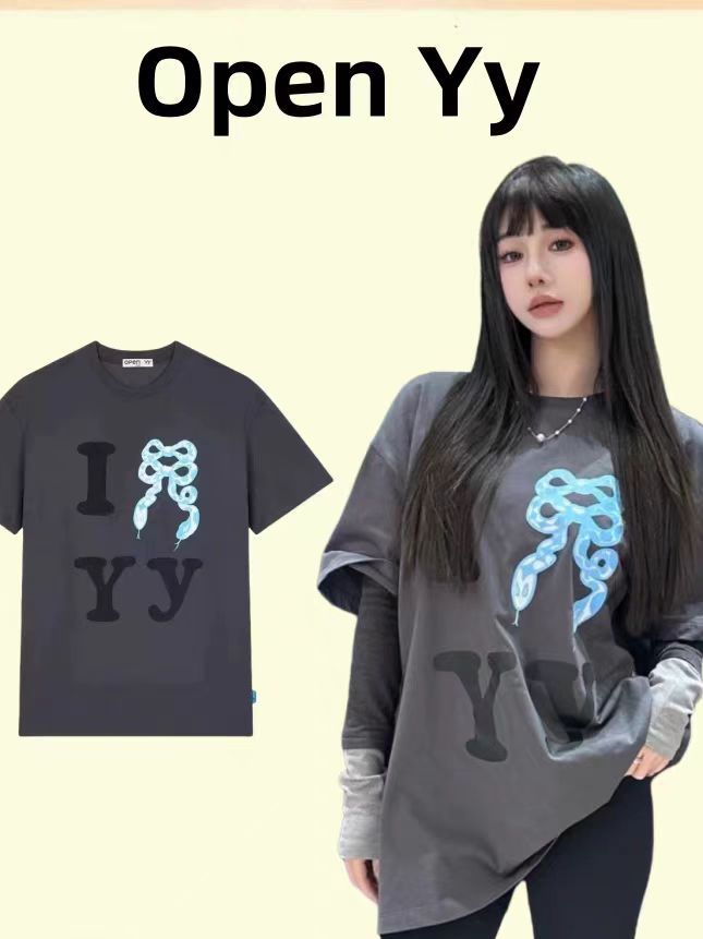 South Korea OPenyy Spring and Summer Year of the Snake Limited Blue Snake Bow Printed Short-sleeved T-shirt Loose Casual Short-sleeved