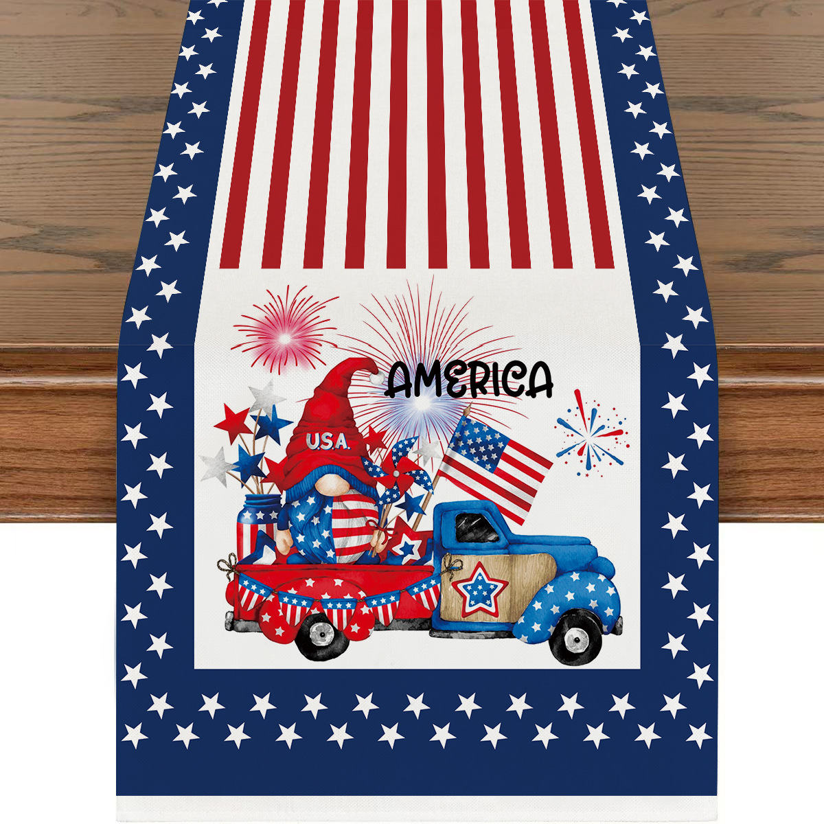 Picture of Explosions US Independence Day Decorative Table Runner Linen Star-stripe Printed Tablecloth Patriot Holiday Atmosphere Table Runner