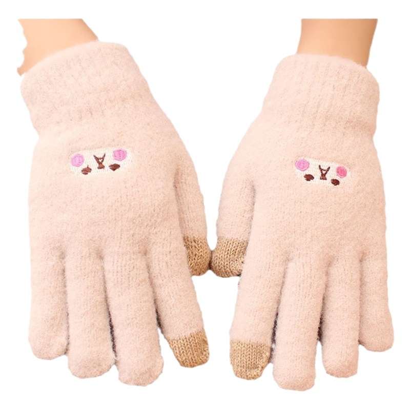Winter gloves for women fleece-lined thickened embroidered students winter cold-proof warm cute cycling women's five-finger touch screen
