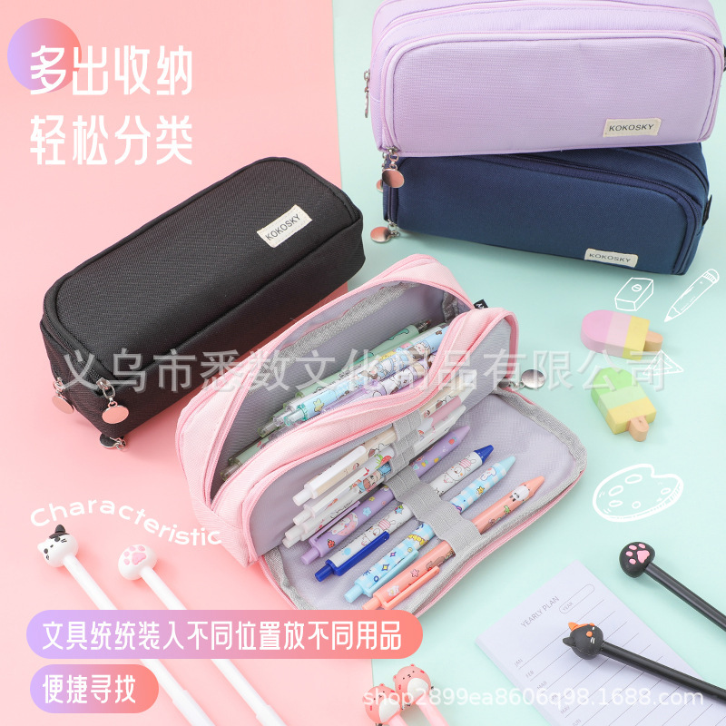 Picture of in stock Double Open Canvas Pencil Bag Wholesale Multi-layer Large Capacity Student Junior High School Student Pencil Case Multifunctional Simple Stationery Bag