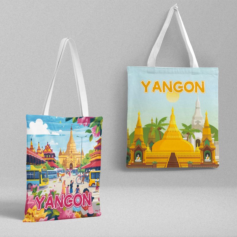 Yangon Canvas Bag 36x 39cm Myanmar City Travel Commemorative Shoulder Bag Handbag Ins Style Shopping Bag