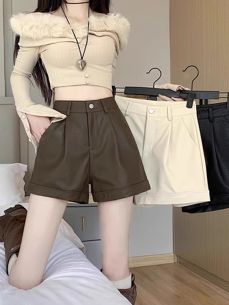 PU leather shorts women's spring/autumn/winter cross-border new American high waist slimming outer wear loose wide leg casual bottoming boot pants