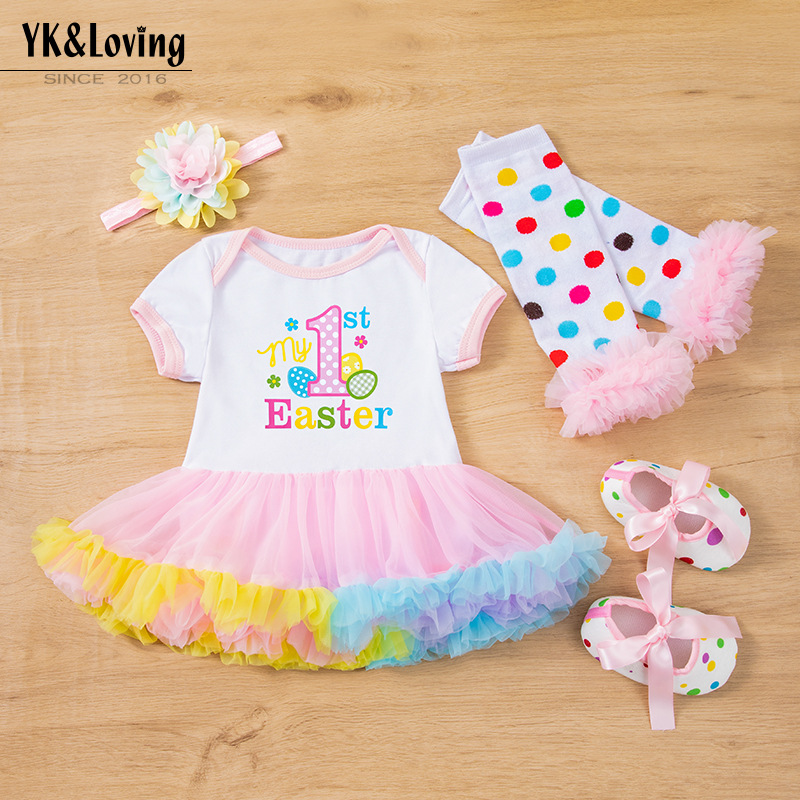 Children's Clothing Baby Easter Party Dress up 4-Piece Set Printed Letter Egg Four-Color Robe Dress Baby Girl
