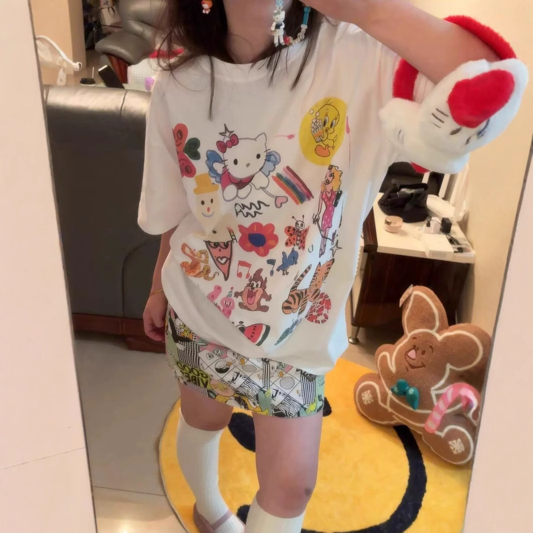 American Style College Style Cartoon Graffiti Cute Printed Round Neck oversize Short-sleeved T-shirt 2025 Summer New Women