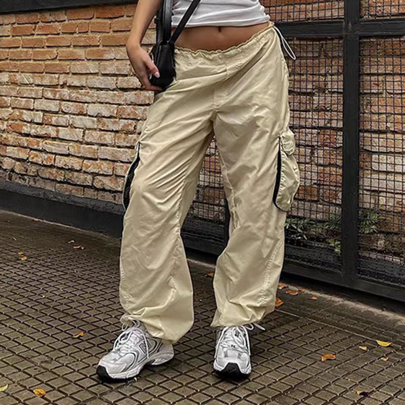 2022 European and American Women's Loose Leg Drawstring Low Waist Color-block Three-dimensional Pocket Multi-pocket Work Wear Casual Pants Wide Legs