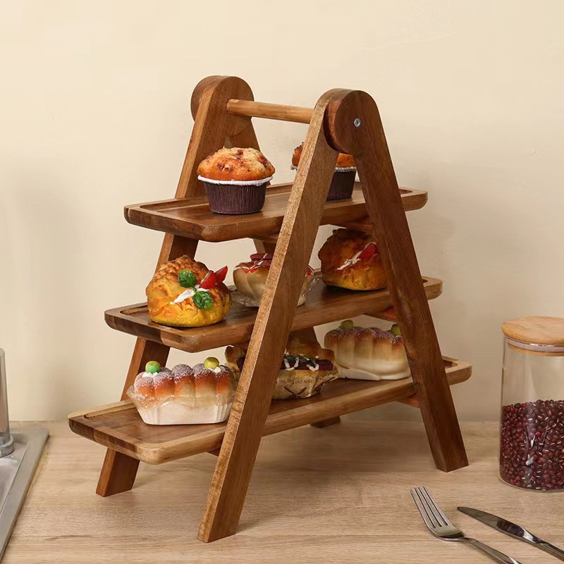 Picture of Acacia Mouton wood three-layer vegetable rack, wooden pallet storage rack, hot pot restaurant, dish organizing kitchen, hotel