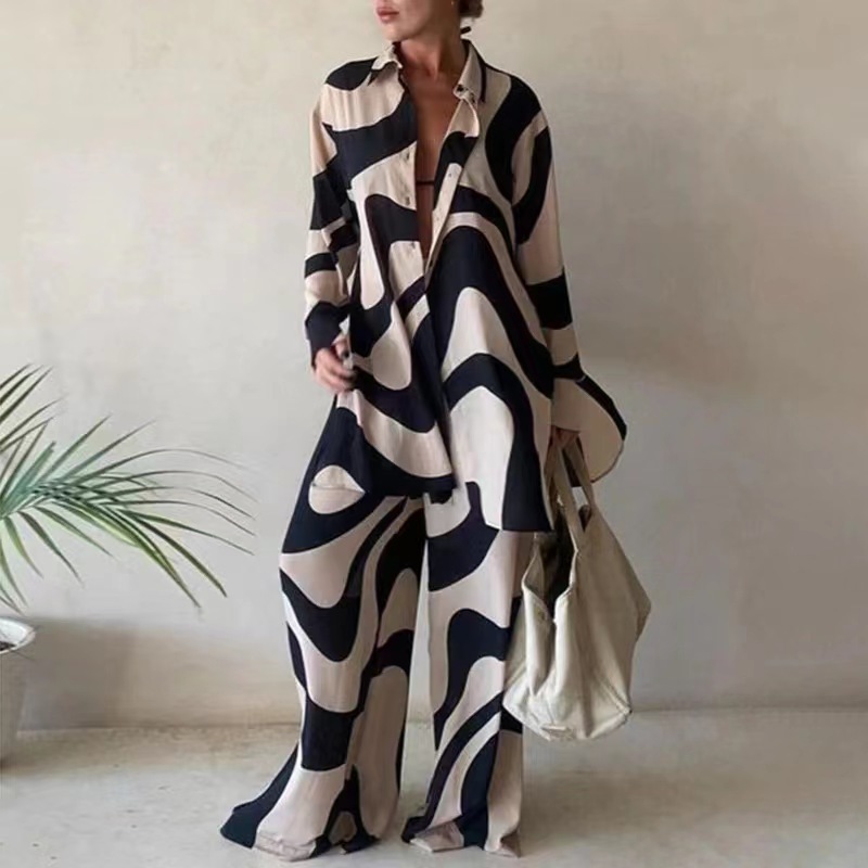2023 New Autumn and Winter European and American Cross-border New Product Suit Fashionable Printed Loose Long-sleeved Shirt + Straight Pants for Women