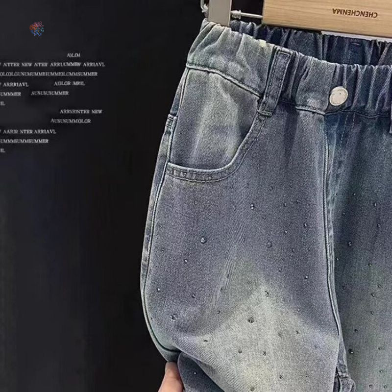 Picture of Girls' Rhinestone Jeans Spring and Autumn Style, Big Children's Spring Straight Narrow Pants, Girls' Spring Wide-Leg Loose Pants