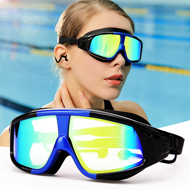 Swimming Goggles Adult Colorful Swimming Goggles Anti-fog HD Diving Goggles Large Frame Silicone Electroplated Flat Goggles Swimming Goggles