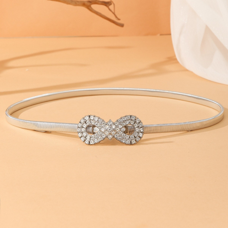 New Style Rhinestone Spring Thin Belt with Metal Spring, Fashionable Figure-Eight Buckle, Versatile for Sweaters and Dresses, Korean Style Belt for Women