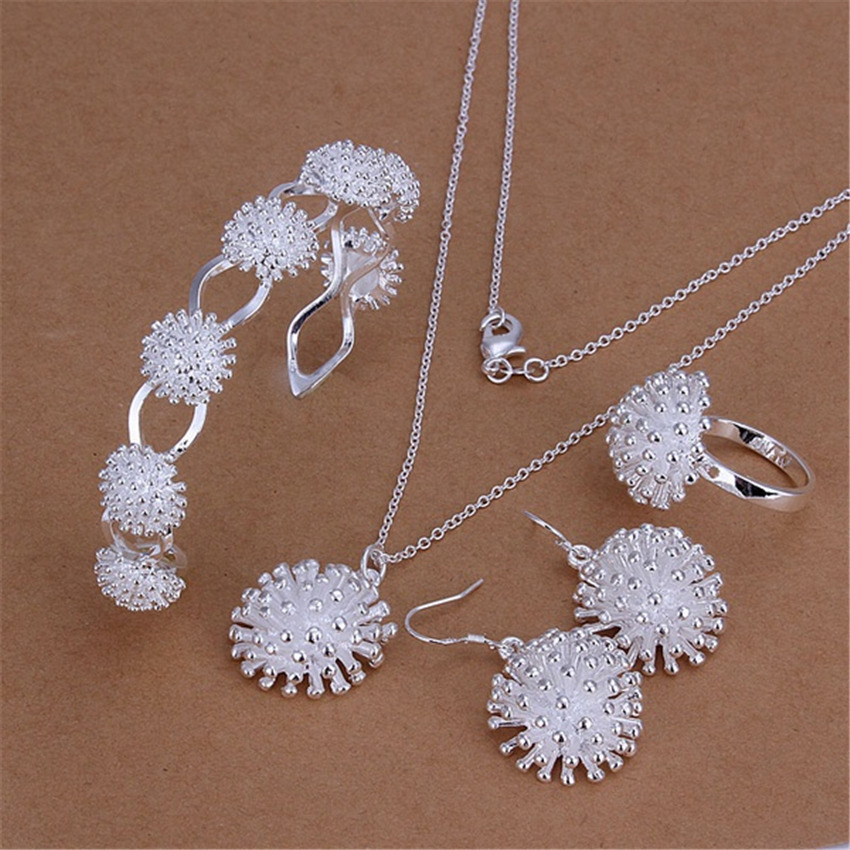 Beautiful Fireworks Set Silver Jewelry Bracelet Pendant Necklace Ring Earrings Four-Piece Set Explosions S329