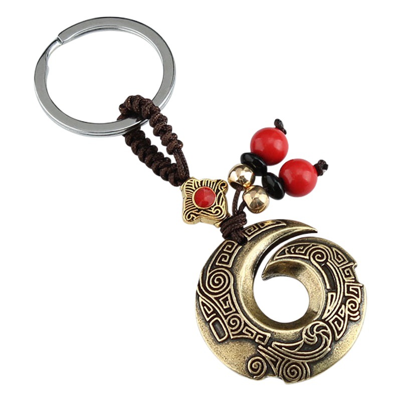 Ethnic Style Antique Pattern Dragon Hook Runs in Time Key Chain Pure Copper Pendant Scenic Jewelry Car Key Ring for Men and Women