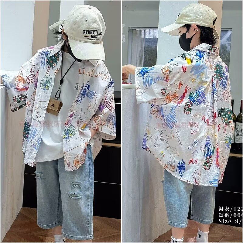 2024 Summer Short-sleeved Shirt Boy's Hawaiian Holiday Beach Flower Shirt Boy's Trendy Brand Shirt