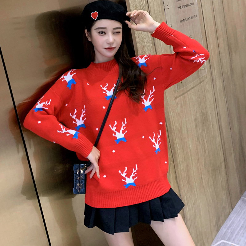 2023 Autumn and Winter New Fairy Red Sweater Women's Half-turtleneck Loose Pullover All-match Internet Celebrity Top for Christmas