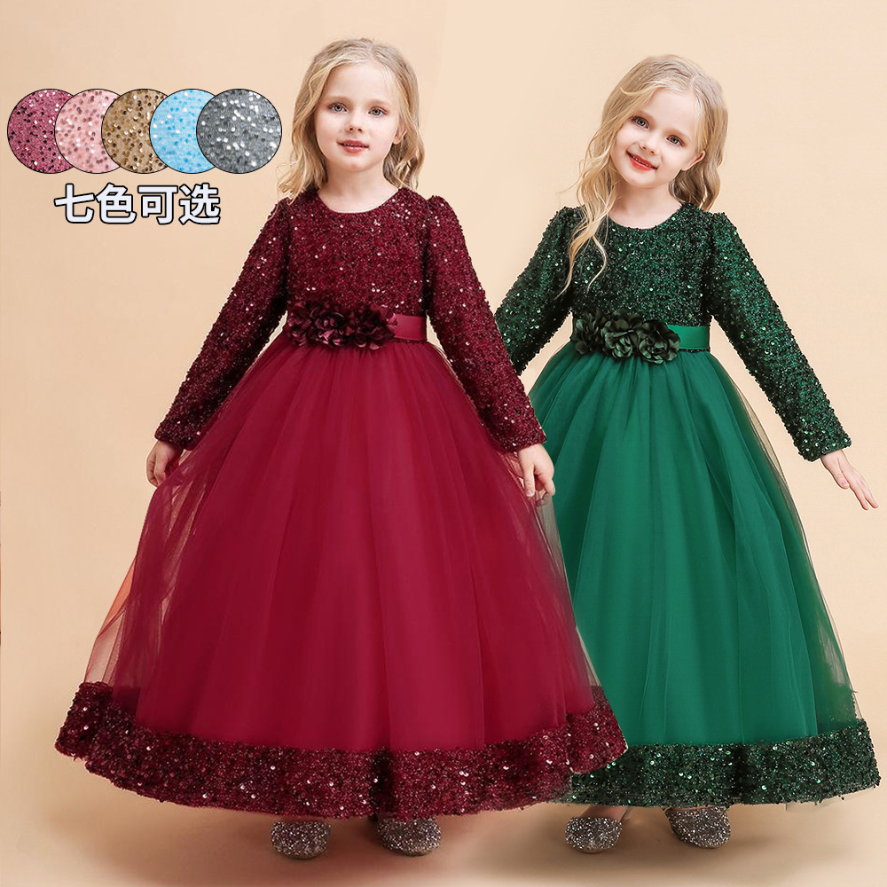 2024 Girls' Dress Sequin Long Dress Large Children's Long Sleeve dress Children's Host Show Evening Dress