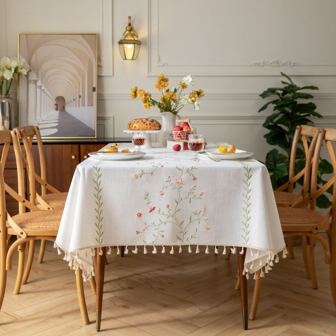Picture of Rectangular Dining Table Fabric European-style Simple Embroidered Tablecloth Cotton and Linen Artistic Courtyard Outdoor Dining Table Mat Dust-proof and Dirty-resistant