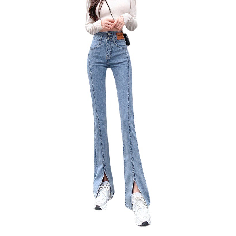 High waist stretch slim-fit split skinny jeans women's design new light-colored straight slimming flared mop pants