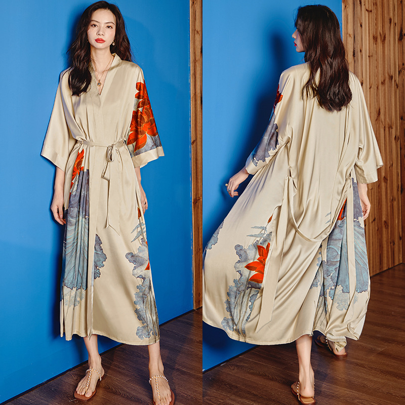 Picture of Yaoting Satin Printed Pajamas for Women Summer Large Size Accessible Luxury Three-Quarter Sleeves Cool Long Nightgown Home Wear Women Wp2669