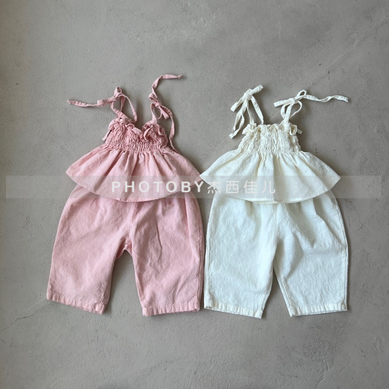 Summer New suit Girl Cute Solid Color Pleated Slip Top Skirt Casual Pants All-match Fashion Two-piece Set