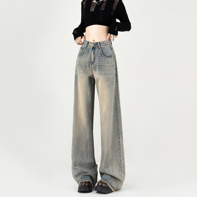 High Waist Loose Dipped Wide Leg Jeans Women's Summer New Slimming American Style Retro Straight Long Pants
