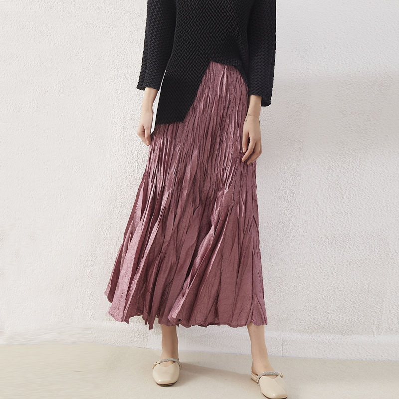 Satin High-Waist Texture Skirt for Women Cross-Border Large Size Spring and Summer New Design Pleated Elegant Long Skirt Pleated Skirt