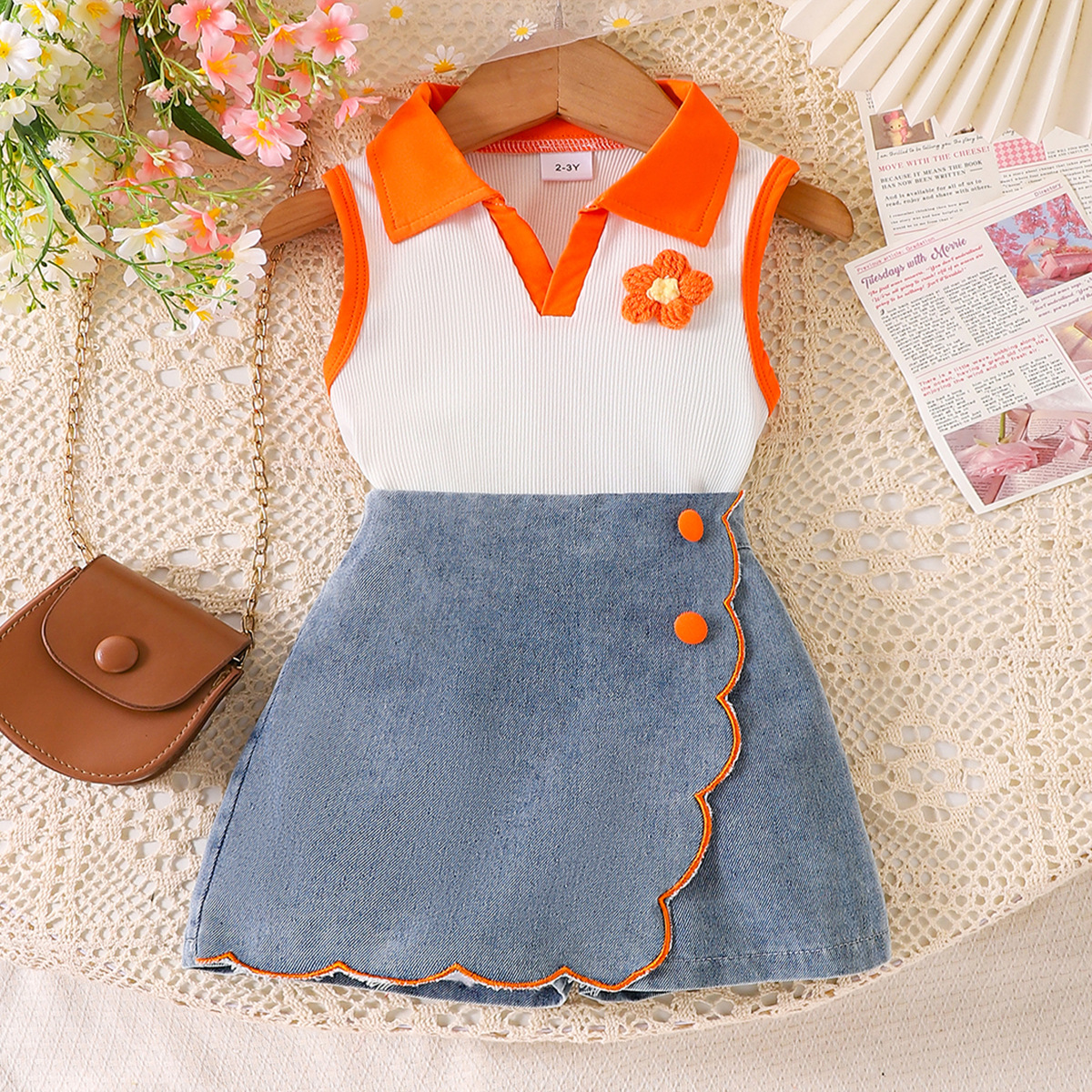 Cross-border European and American summer girls fashion flowers orange hit white shirt with Denim shorts suit