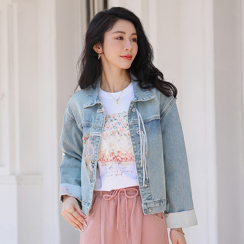 Picture of Sedu's New National Style Embroidered Sequined Denim Jacket for Women, Slim Fit, Short Cuffed Cuffs, Casual Soft Jacket