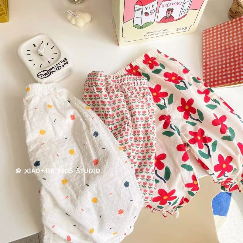 Picture of Girls' Holiday Sunscreen Pants Children's Retro Floral Summer All-match Anti-mosquito Pants Summer Printed Mid-waist Beach Pants