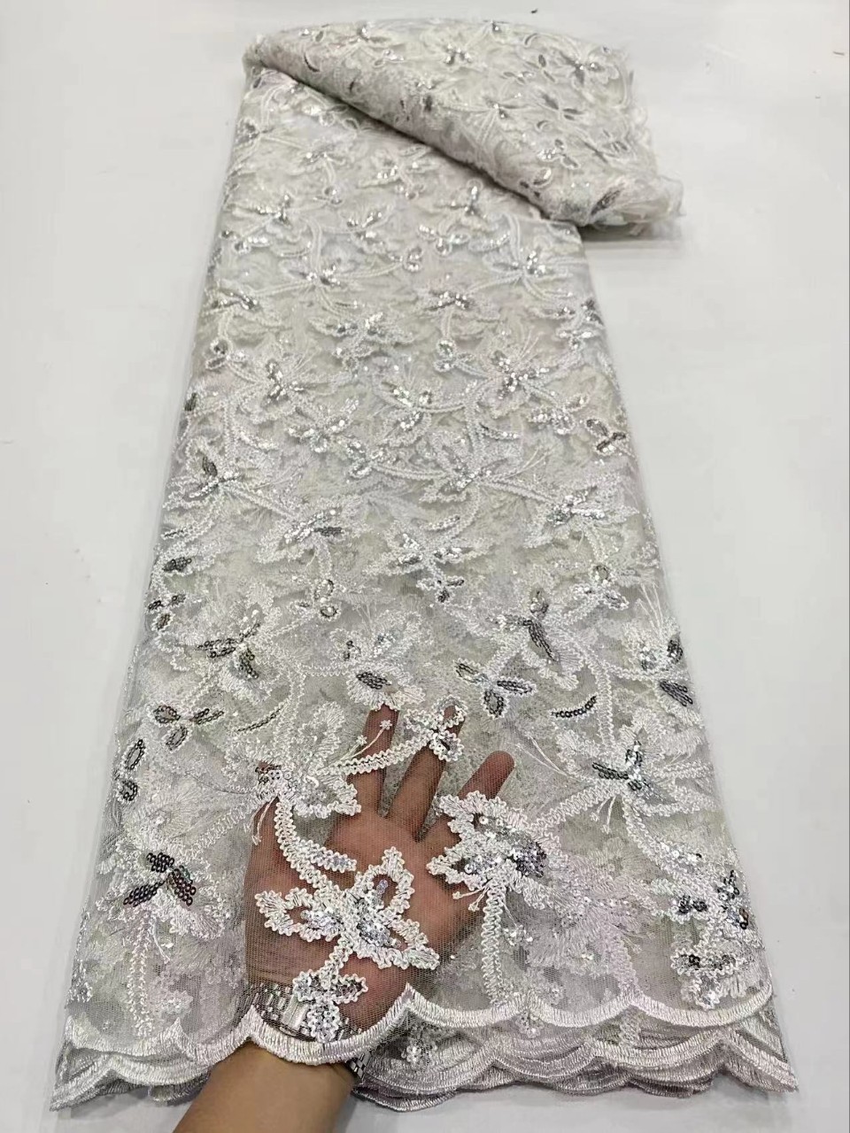 Picture of Summer Hanfu Plant Flower Dress Embroidered Cloth Double Rope Sequin Lace Fabric African Garment Lace JX2296