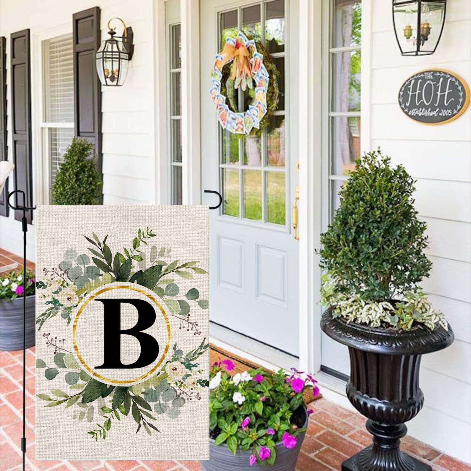 Picture of Simple ins style 26 letters + green plant printed linen garden flag surname initials courtyard door flag