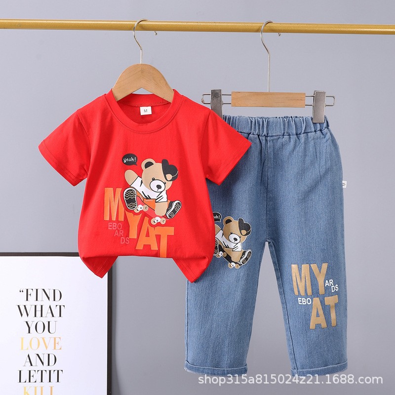 Picture of Summer 2024 new 0-5 years old children's suit cartoon car animal crew neck short sleeve jeans two piece cotton
