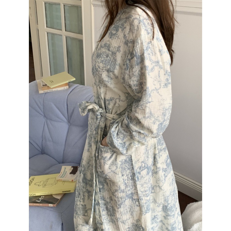 Picture of South Korea ins Women's Autumn New Korean Style Gentle Style Korean Style Ink Flower Sweet Home Clothes Nightgown Bathrobe Women