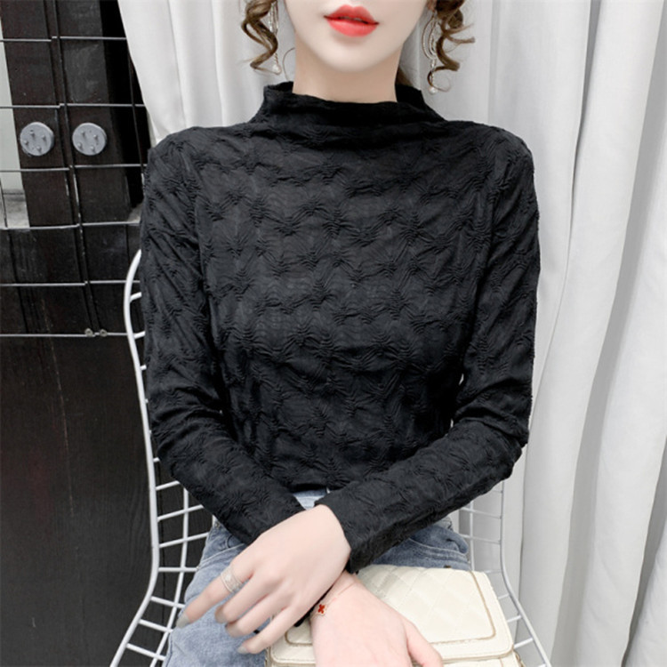 Western Style Collar Pleated Long-sleeved Lace Shirt Women's Autumn and Winter Slimming Collar Inner Base Top European Lace Shirt