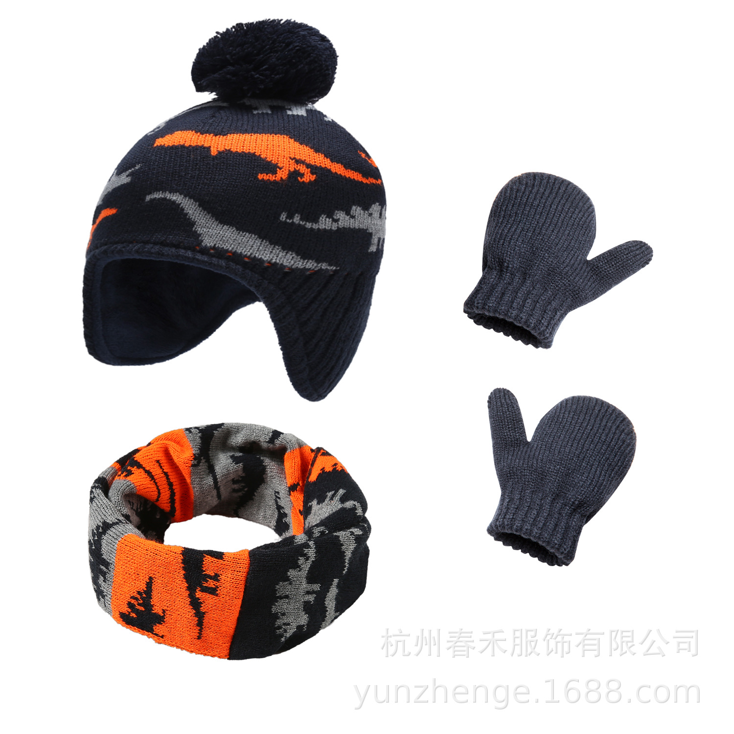 Picture of Spot 6 Color Explosions Autumn and Winter Cartoon Cute Dinosaur Hat Bag Set Young Children's Knitted Hat Gloves Scarf 3-piece Set