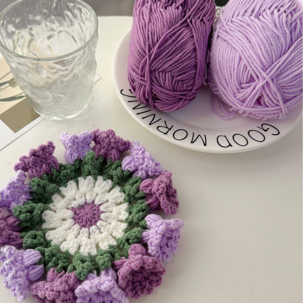 Picture of Beginner Handmade Weaving DIY Materials Kit, Yarn, Crochet, Lily of the Valley Gradient Coaster Gift for Girlfriend