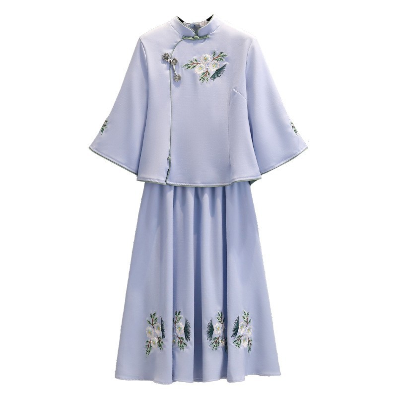 Picture of Strict Selection of Retro National Style Daily Improved Tang Suit Cheongsam Cotton and Linen Embroidered Top Chinese Style Seven-point Sleeve Tea Dress Skirt