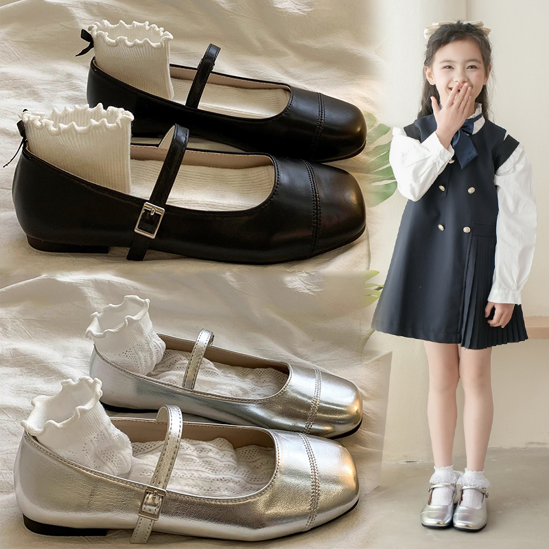 Girls' square toe shallow mouth versatile flat silver Mary Jane single shoes 2025 new summer and autumn French with skirt leather shoes