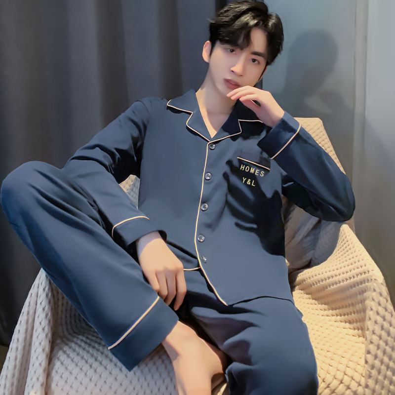 Pajamas Men's Spring and Autumn 100 Pure Cotton Long Sleeve Thin Large Size Outwear for Youth Men's Summer Home Clothes