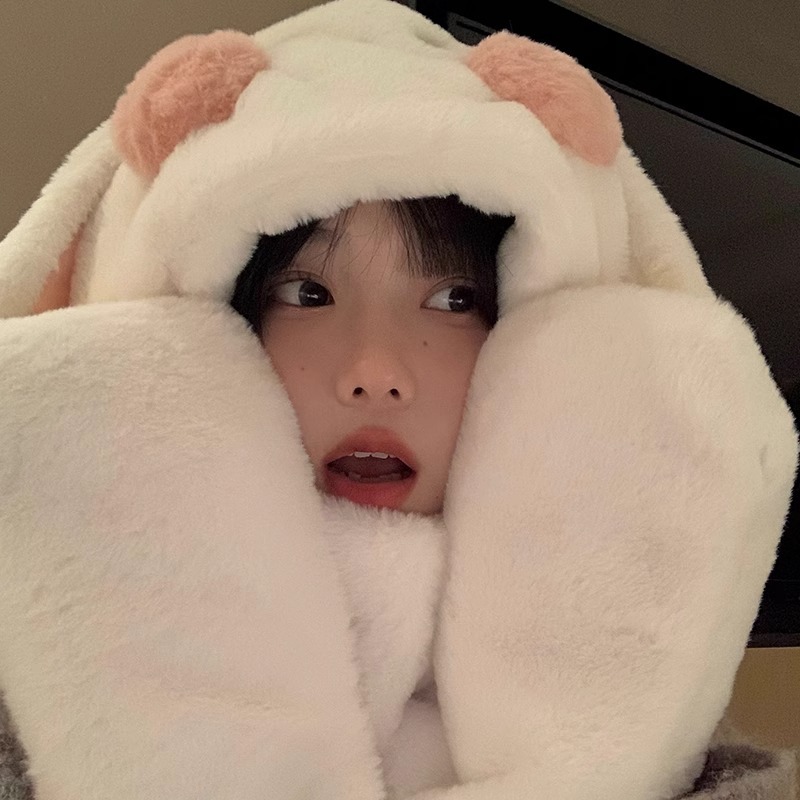Picture of Winter plush hat scarf gloves one female rabbit autumn and winter three-piece cute thick scarf warm windproof