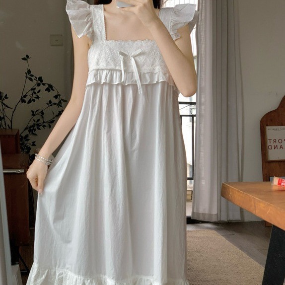 Korean Style Ins Women's Summer New Sweet Small Flying Sleeve Sling Lace Square Collar Mid-Length Nightdress Home Clothes Women