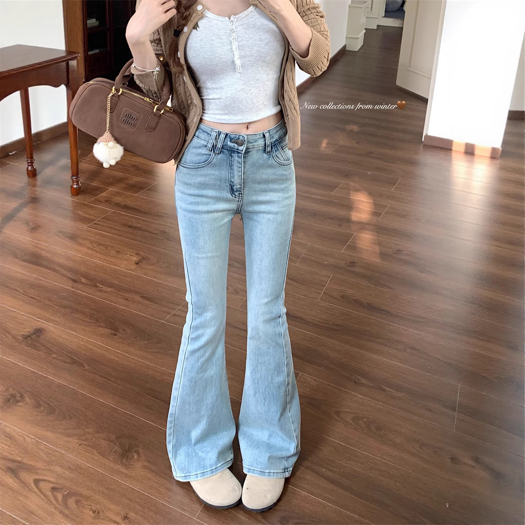Stretch Slimming Slim Fit Bootcut Jeans for Women Spring Straight Floor-Length Trousers Light Blue High Waist Large Size