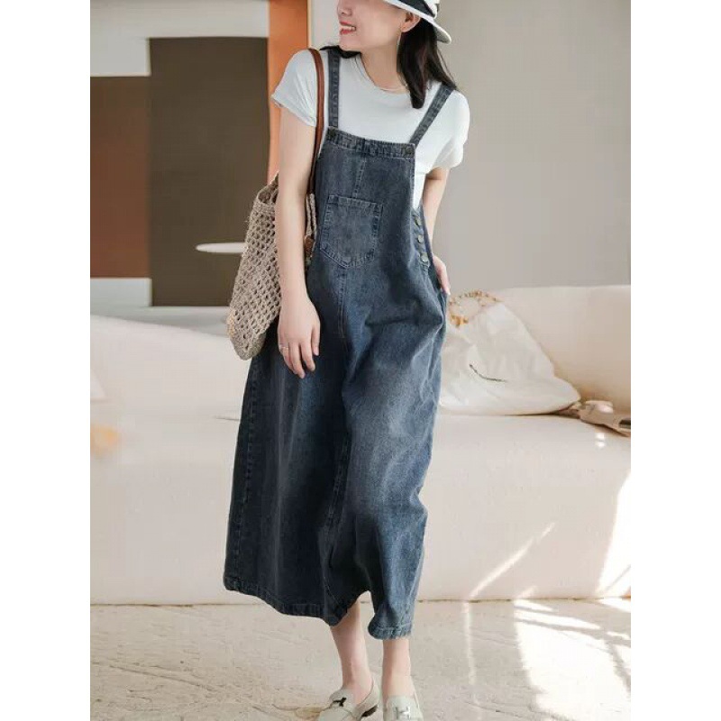 2024 Summer Vintage Artistic Loose Large Size Women's Clothing Age-reducing Split Mid-length Washed Old Denim Strapdress