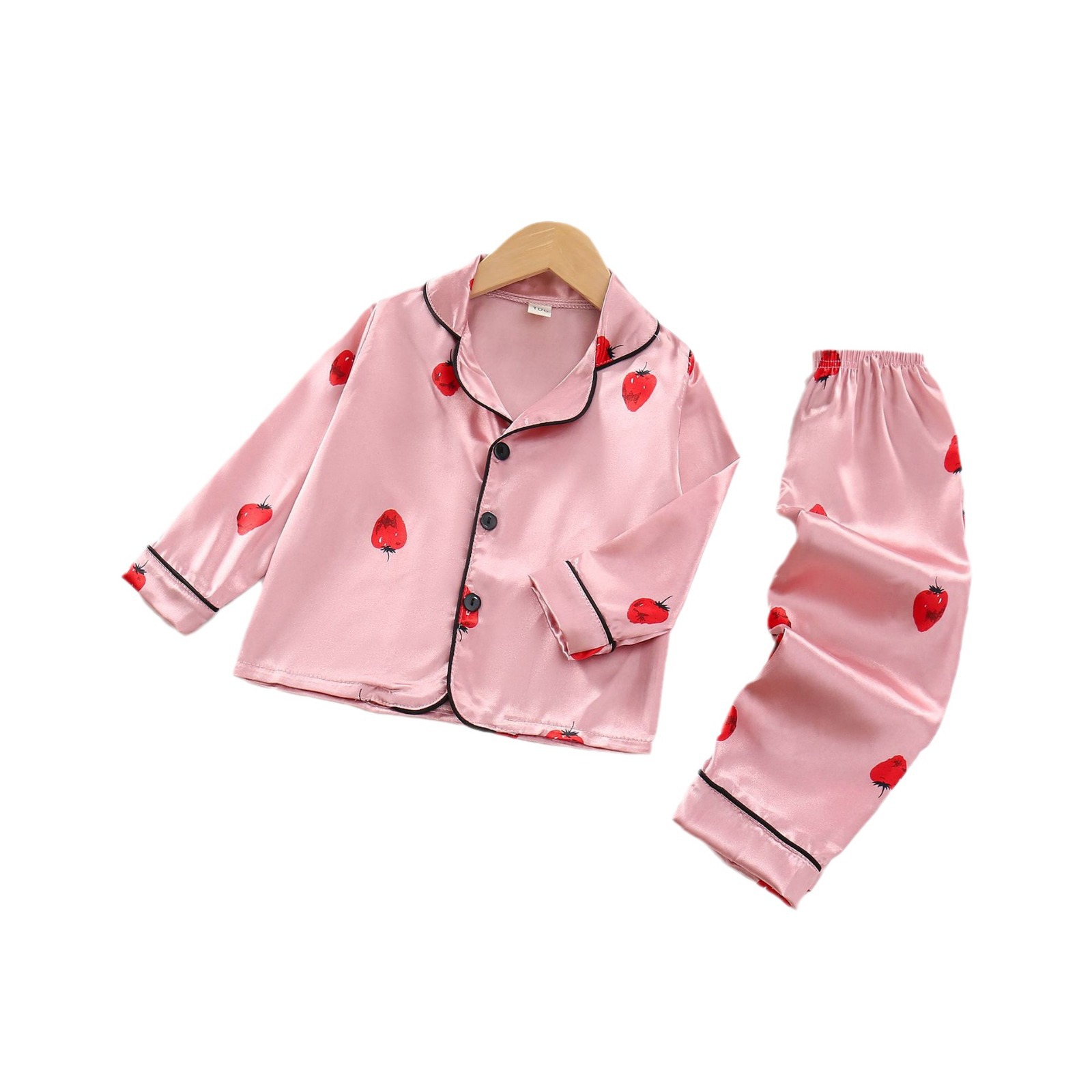 Picture of Cross-Border Children's Imitation Silk Cartoon Strawberry Pajamas, Fashionable Long-Sleeved Thin Air-Conditioned Clothes for Baby Girls, Home Clothes