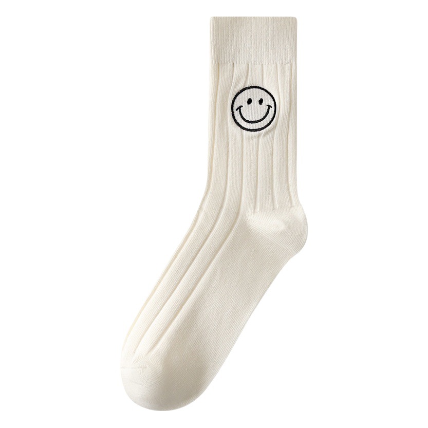 suxinaimin spring and summer ins style white pile socks tide solid color cotton socks women's embroidered smiley face mid-calf socks